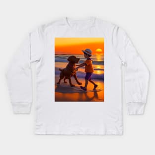 child playing with a dog on the beach. Kids Long Sleeve T-Shirt